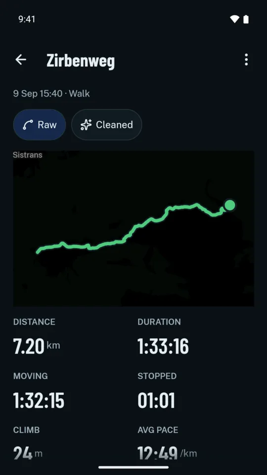 A finished walk: its track on the map, a switch between the raw and cleaned track, and its distance, duration, moving and stopped time.