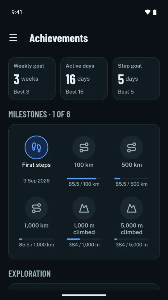 Achievements: streaks for the weekly goal, active days and the step goal, and milestone badges with their progress.