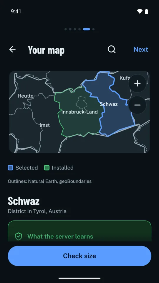 Choosing a map region while setting up: Schwaz, a district in Tyrol, selected on the map, with a button to check the download size.
