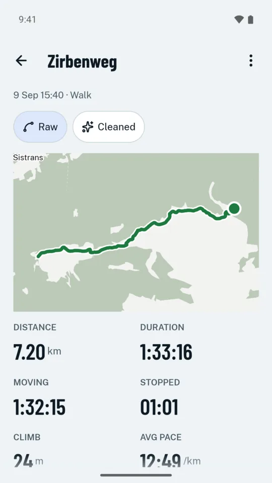 A finished walk: its track on the map, a switch between the raw and cleaned track, and its distance, duration, moving and stopped time.