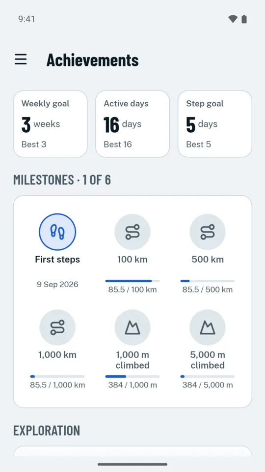 Achievements: streaks for the weekly goal, active days and the step goal, and milestone badges with their progress.